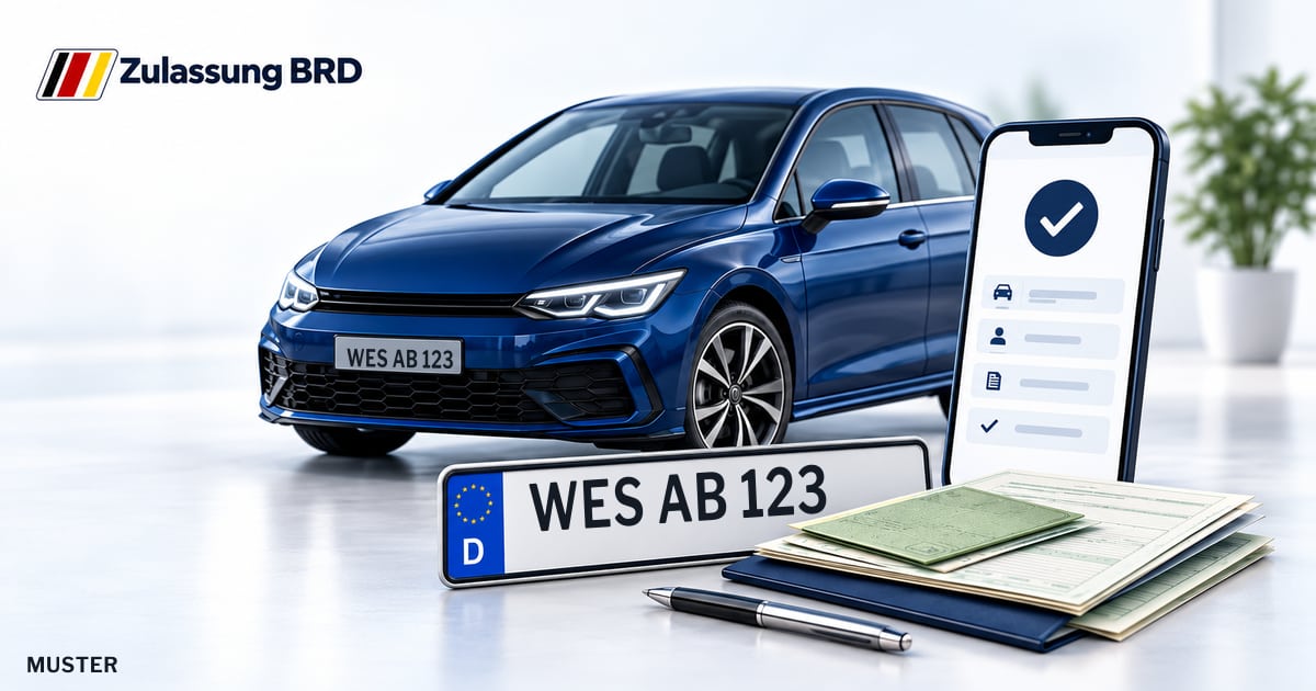 Online Fahrzeugzulassung in Wesel: Musterkennzeichen WES AB 123, Auto und Fahrzeugpapiere und Smartphone. Illustration mit Logo von Zulassung BRD.